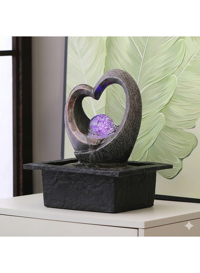 نافورة مياه مكتبية على شكل قلب تعمل بـ USB مع كرة كريستال دوارة وإضاءة LED - زينة داخلية للمنزل والمكتب (25.5 سم) - Image 1